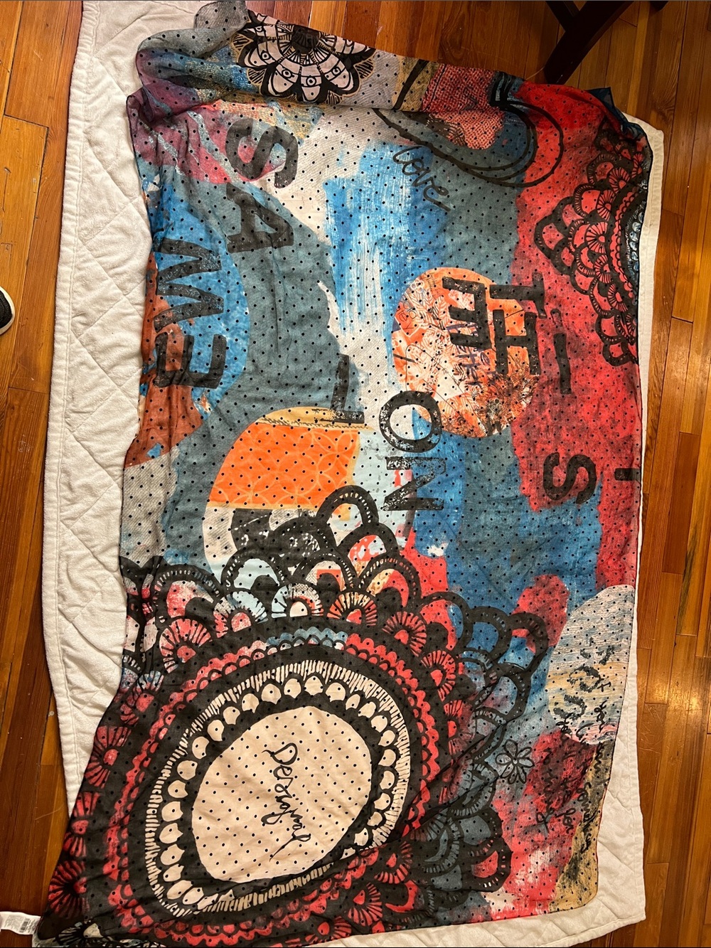 Desigual Multicolor Graphic Logo Scarf — Black, Red, Pink
